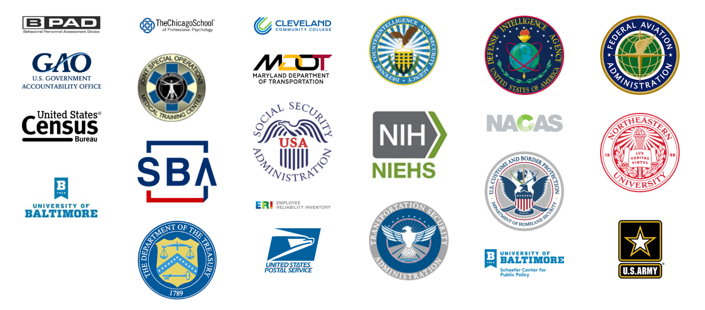 Logos of organizations our founders have worked with, including the U.S. Government Accountability Office, Federal Aviation Administration, Social Security Administration, U.S. Census Bureau, Small Business Administration, Department of the Treasury, U.S. Postal Service, Transportation Security Administration, U.S. Customs and Border Protection, Defense Intelligence Agency, U.S. Army, NIH/NIEHS, and several universities.
